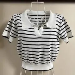 【GRL 】襟付き半袖ニット 白黒ストライプ ショート丈 Ｍ　韓国風 大人可愛い