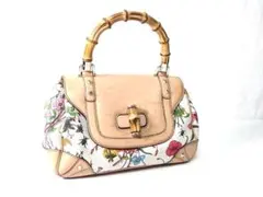 グッチ GUCCI バンブーフローラ トップハンドルバッグ キャメル ヌメ革 