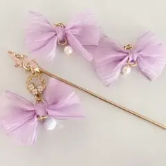 イヤリングピアス和風リボンかんざし根付け髪飾りレースパール　振袖成人式　七五三