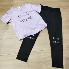 SHEIN 薄紫色猫プリントTシャツと黒レギンスセット 7Y