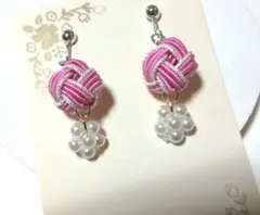 水引　お花ビーズと玉結イヤリング♡