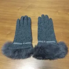 グレー ファー付きウール手袋