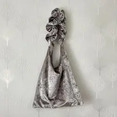 GU グレー　ベロアフリルハンドルバック　ワンハンドル