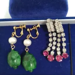 【イヤリングセット】グリーン×パール　クリップ式ピンク✕ストーン