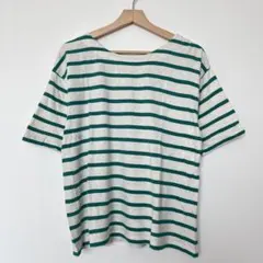 サマンサモスモス 五分袖Tシャツ ボーダー 白 緑 ゆったりサイズ ボートネック