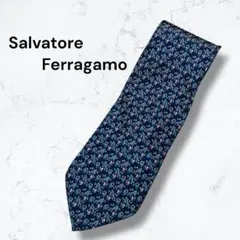 良品　フェラガモ　ネクタイ 花柄 総柄　ネイビー　シルク　イタリア製