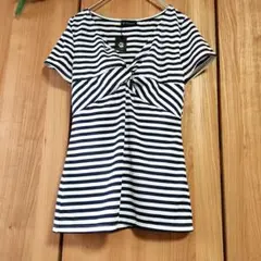 美品【ブリリアントステージ】ストライプ Vネック 半袖 シアー カットソー
