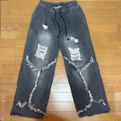 ダメージ加工 ダークグレー ワイドデニムパンツ