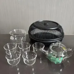 新品　ハリオ　アジアン急須　湯呑み　中国茶器　籠セット　耐熱ガラスのサムネイル