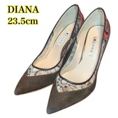 DIANA パンプス　ポインテッドトゥ 刺繍 スエード ブラウン 23.5cm