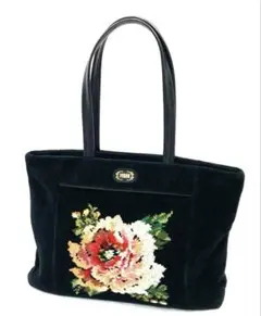 106xN9パ美品 FEILER/フェイラー トートバック 黒 フラワー刺繍