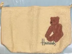 Harrods テディベアの刺繍 タオル生地ポーチ イエロー　内側ポケット付き