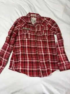 レディース L 赤と白のチェック柄長袖シャツ