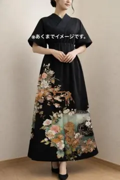 【1点物】美品　着物　リメイク　ロングスカート　黒留袖　正絹　花柄