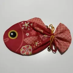 鯛 魚 巾着袋 赤 花柄 和柄