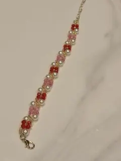 ハンドメイド ビーズブレスレット ピンク レッド パール