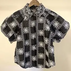 【美品⭐︎Meridian】レース 刺繍 半袖ブラウス ブラック
