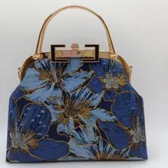 がま口 ハンドバッグ 花柄 ネイビー ゴールド口金 上品 レトロ 和風