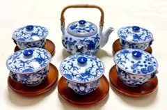 アンティーク有田焼き染付 亀甲文 煎茶器揃 急須 蓋付湯呑 陶磁器、和 