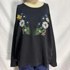 ZARA 黒 花刺繍 長袖カットソー ロンT オーバーサイズ L