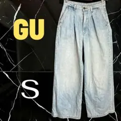 【GU】バギージーンズ　ハイライズ　ワイド　脚長効果　しっかり生地　ライトブルーのサムネイル