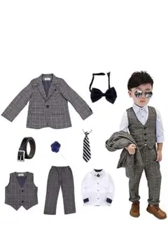 キッズ タキシードセット グレー系チェック 110cm~