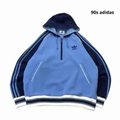 90s adidas ジャージ パーカー ハーフジップ ロゴ刺繍 紺 水色　L