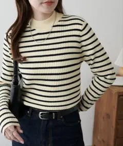 DISCOAT モチモチリブパイピングハイネック　ホワイト×ブラック