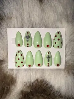 ミントグリーン ネイルチップ 韓国 個性派 ドット クロム シンプル