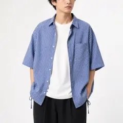 【epnok】シャーリングストライプルーズシャツ 半袖 ブルー Lサイズ 美品のサムネイル