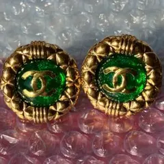CHANEL シャネル マトラッセ ココ イヤリング 緑 ゴールド コメ 刻印