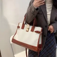 （ブラウン×ホワイト）トートバッグ レディース 斜めがけ キャンバス