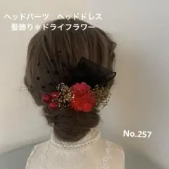ヘッドパーツ　ヘッドドレス　髪飾り＊ドライフラワー　ブラックリボン　レッド