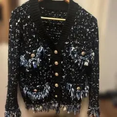 フリンジ付き韓国風ノーカラーカーディガン