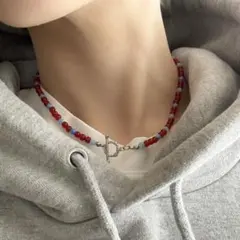 ハンドメイド 赤 青 ビーズネックレス 天然石