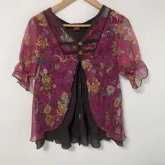 エスニック調 花柄 シフォン ブラウス 半袖ジャケット　パープルのサムネイル