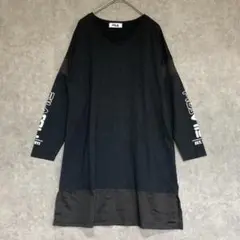 フィラ(L)メッシュ切替チュニック＊長袖＊袖FILAプリント＊Vネック＊綿混＊黒