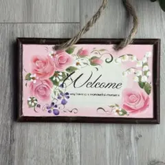 トールペイント作品　ピンクベースにピンクの薔薇のウェルカムボード
