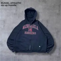 USA製90sラッセルアスレチックジップアップフーディパーカー黒ブラック赤短丈