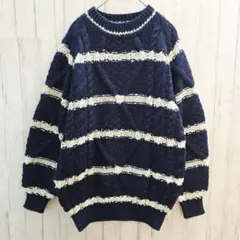 ロートレアモン ケーブルニット M ネイビー ボーダー ゆったり 春秋