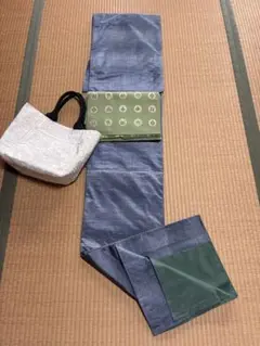 最終価格　着物帯セール中⭐︎紬 袷未使用品 薄群青色グラデーション光沢しつけ糸付き
