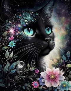 ダイヤモンドアート　猫　花　キット　ビーズアート　黒猫　神秘　ネコ