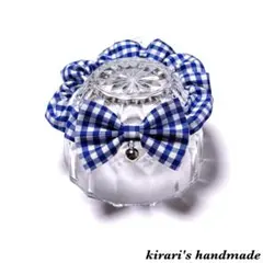 No.104 猫の首輪(ギンガムブルー)サイズ調整可能