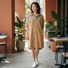 G3677*ザラ☆バイカラー☆ロングシャツ☆ワンピース☆M☆ベージュ☆カーキ