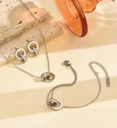 サージカルステンレス ピアスブレスレットネックレス 3セット★czダイヤリング