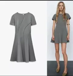 【美品】ZARA ザラ 切り替えデザイン フレアワンピース グレー S