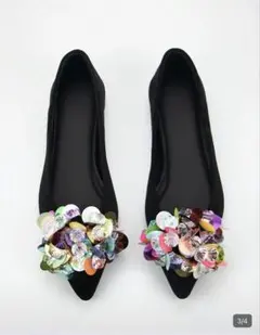 ブラック フラットシューズ 花モチーフ26cmスパンコール