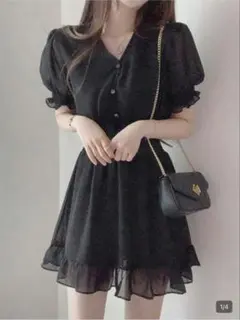 シフォン 半袖 ミニワンピース ブラック
