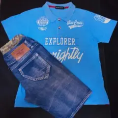 男の子140cm おしゃれな上下セット！半袖シャツ+半ズボン ブルーポロシャツ