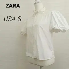 ボリューム袖✨ZARA 半袖ブラウス 襟レース パール 白【M】H11046